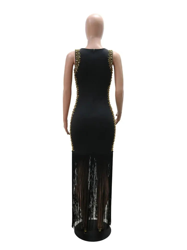 Luxury Haute Couture Elegant Rhinestone Round Neck Sleeveless Fringe Skirt Maxi Dress Party Bag Buttocks Sexy Women's Clothing FZwear