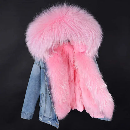 Maomaokong Denim Jacket Parka Winter Women Parkas Real Fur Collar Coat Natural Raccoon Fur Hood Real Rabbit Fur Liner Luxury FZwear