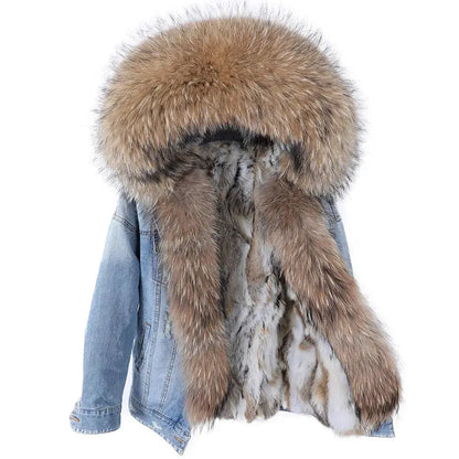 Maomaokong Denim Jacket Parka Winter Women Parkas Real Fur Collar Coat Natural Raccoon Fur Hood Real Rabbit Fur Liner Luxury FZwear