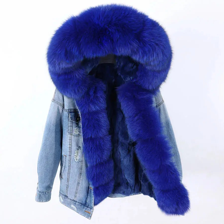 Maomaokong Denim Jacket Parka Winter Women Parkas Real Fur Collar Coat Natural Raccoon Fur Hood Real Rabbit Fur Liner Luxury FZwear