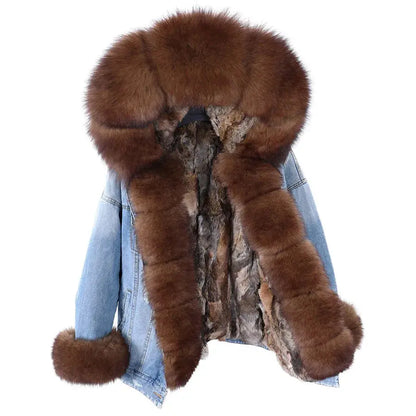 Maomaokong Denim Jacket Parka Winter Women Parkas Real Fur Collar Coat Natural Raccoon Fur Hood Real Rabbit Fur Liner Luxury FZwear