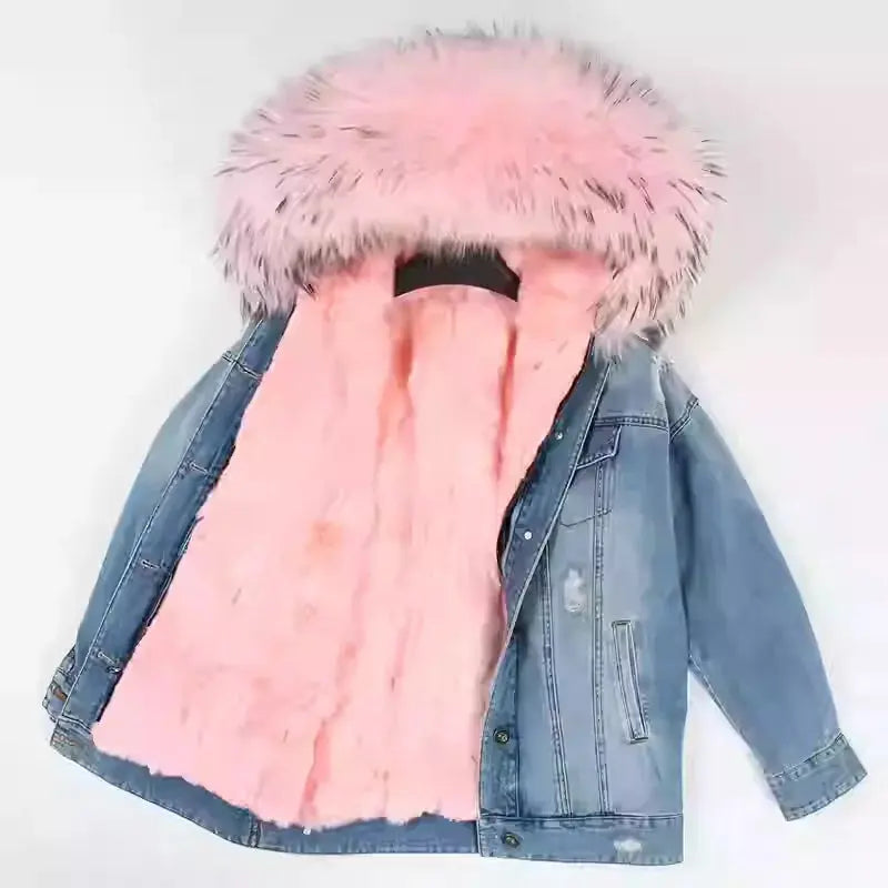 Maomaokong Denim Jacket Parka Winter Women Parkas Real Fur Collar Coat Natural Raccoon Fur Hood Real Rabbit Fur Liner Luxury FZwear