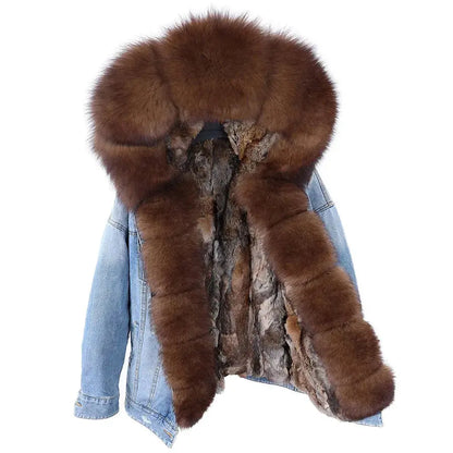 Maomaokong Denim Jacket Parka Winter Women Parkas Real Fur Collar Coat Natural Raccoon Fur Hood Real Rabbit Fur Liner Luxury FZwear