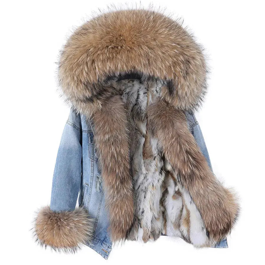 Maomaokong Denim Jacket Parka Winter Women Parkas Real Fur Collar Coat Natural Raccoon Fur Hood Real Rabbit Fur Liner Luxury FZwear