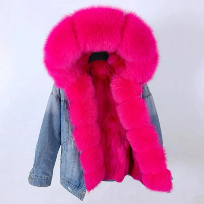 Maomaokong Denim Jacket Parka Winter Women Parkas Real Fur Collar Coat Natural Raccoon Fur Hood Real Rabbit Fur Liner Luxury FZwear