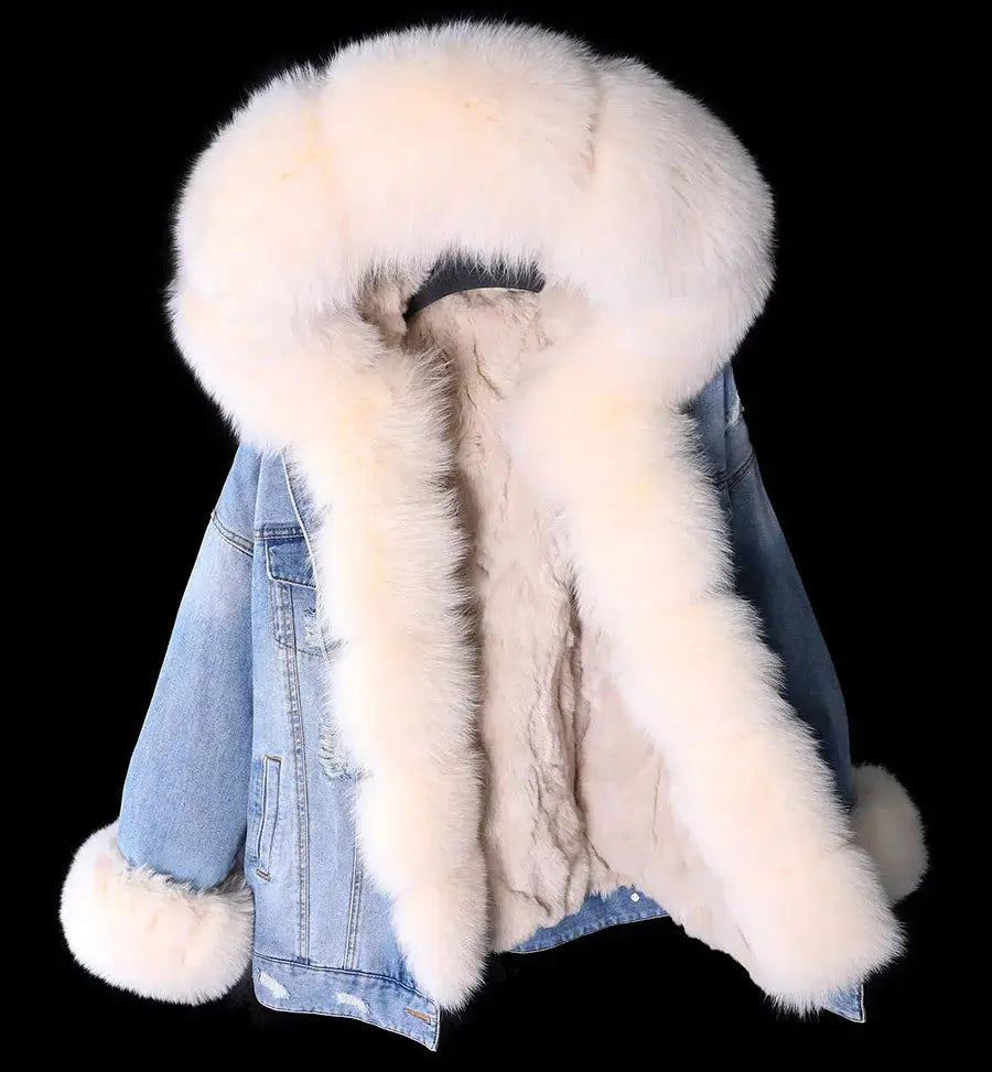 Maomaokong Denim Jacket Parka Winter Women Parkas Real Fur Collar Coat Natural Raccoon Fur Hood Real Rabbit Fur Liner Luxury FZwear