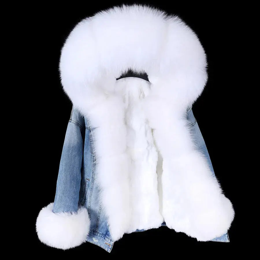 Maomaokong Denim Jacket Parka Winter Women Parkas Real Fur Collar Coat Natural Raccoon Fur Hood Real Rabbit Fur Liner Luxury FZwear