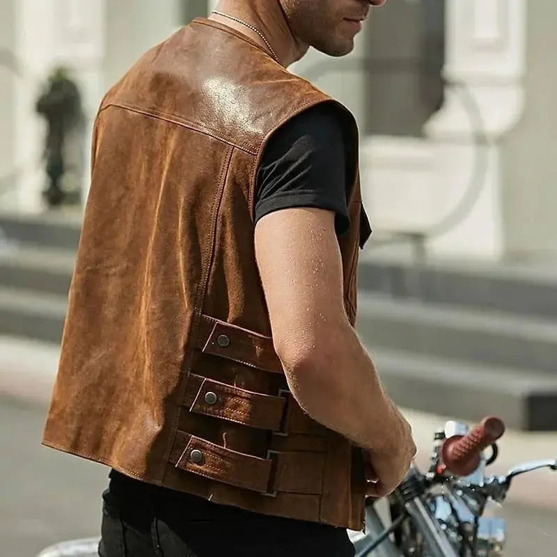 Men Vintage Brown Motorcycle Vests Zipper Pockets Leather Jacket Sleeveless Men's Riding Vest Motor Biker Jackets FZwear