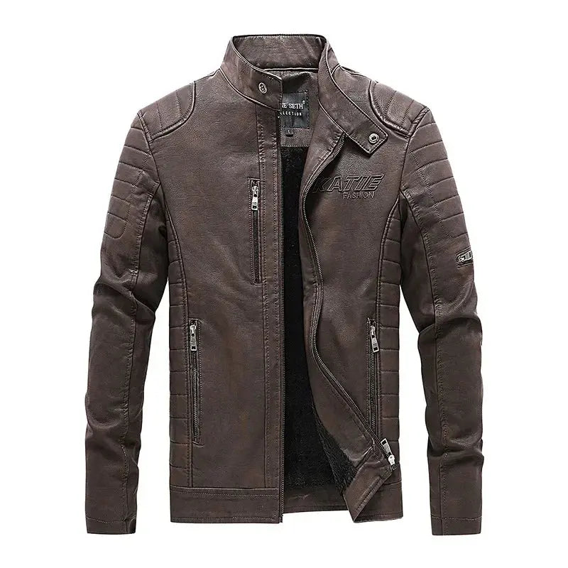 Men's Leather Jacket New Standing Collar Pu Leather Jacket Motorcycle Suit Plus Fleece Leather FZwear