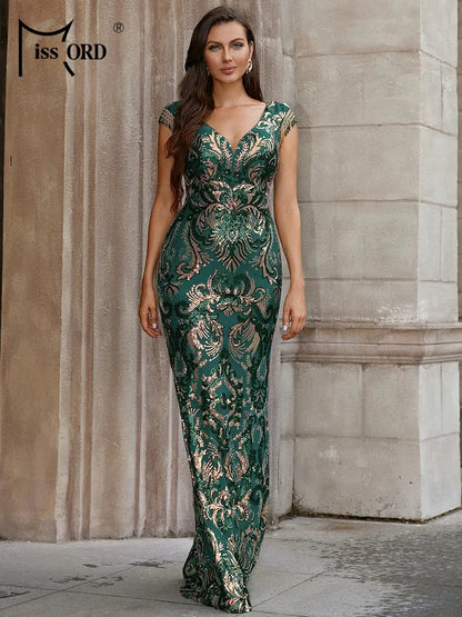 Missord Luxury Green Party Dress Elegant Women Glitter Sequin V-neck Sleeveless Tassels Bodycon Prom Dresses Long Evening Gown FZwear