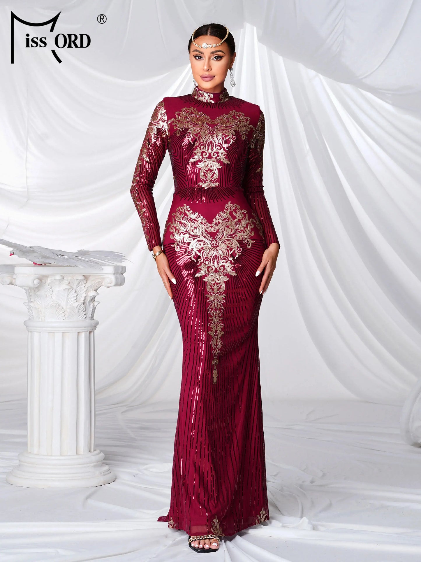 Missord Red High Neck Long Sleeved Sequin Mermaid Evening Formal Occasion Church Wedding Birthday Party Dress FZwear