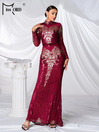 Missord Red High Neck Long Sleeved Sequin Mermaid Evening Formal Occasion Church Wedding Birthday Party Dress FZwear