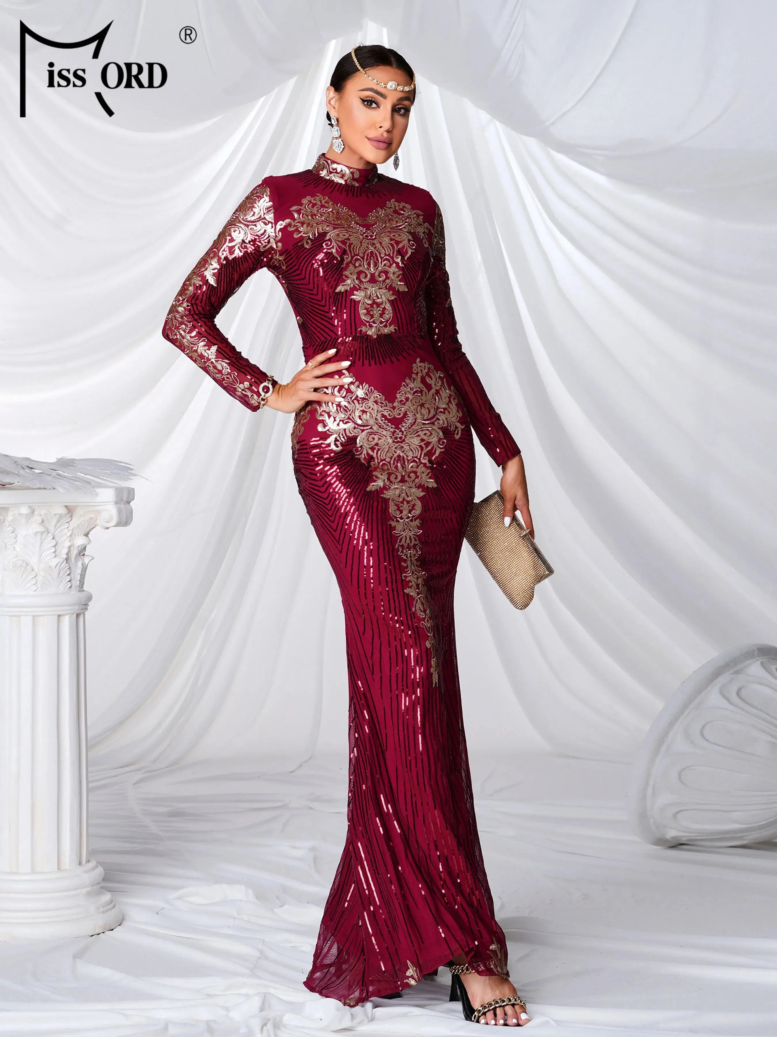 Missord Red High Neck Long Sleeved Sequin Mermaid Evening Formal Occasion Church Wedding Birthday Party Dress FZwear