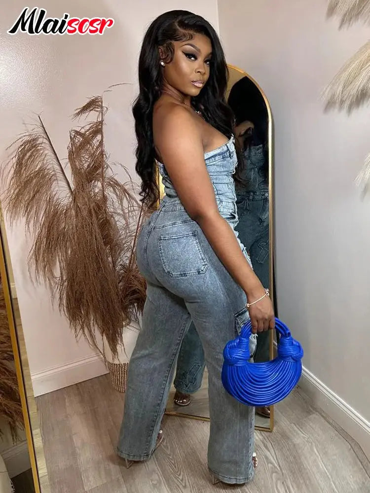 Mlaiscsr Cross Embroidery Pockets Stretch Denim Jumpsuits Women Sleeveless Off Shoulder Boyfriend Rompsers Blue Cargo Overalls FZwear