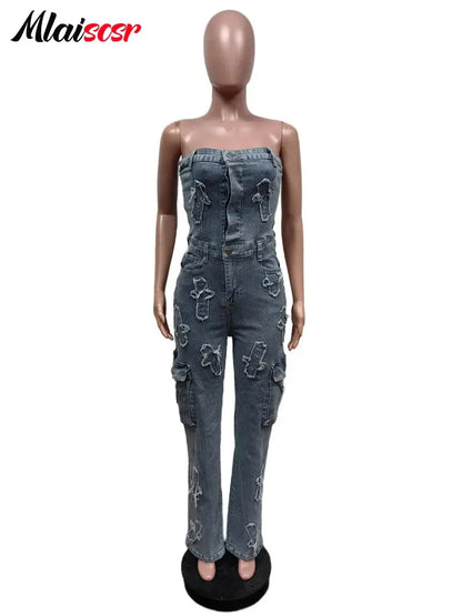 Mlaiscsr Cross Embroidery Pockets Stretch Denim Jumpsuits Women Sleeveless Off Shoulder Boyfriend Rompsers Blue Cargo Overalls FZwear