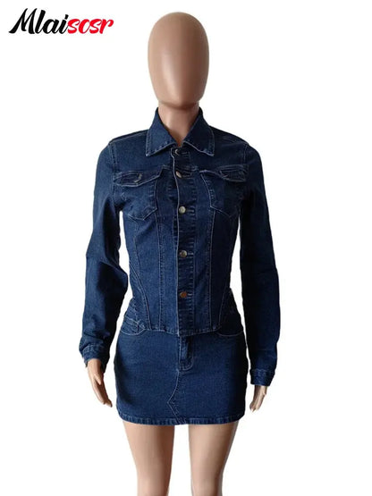 Mlaiscsr Denim Stretch Dress Outfits Women Long Sleeve Crop Jackets and Mini Skirt Two 2 Piece Sets Sexy Jean Birthday Clubwear FZwear