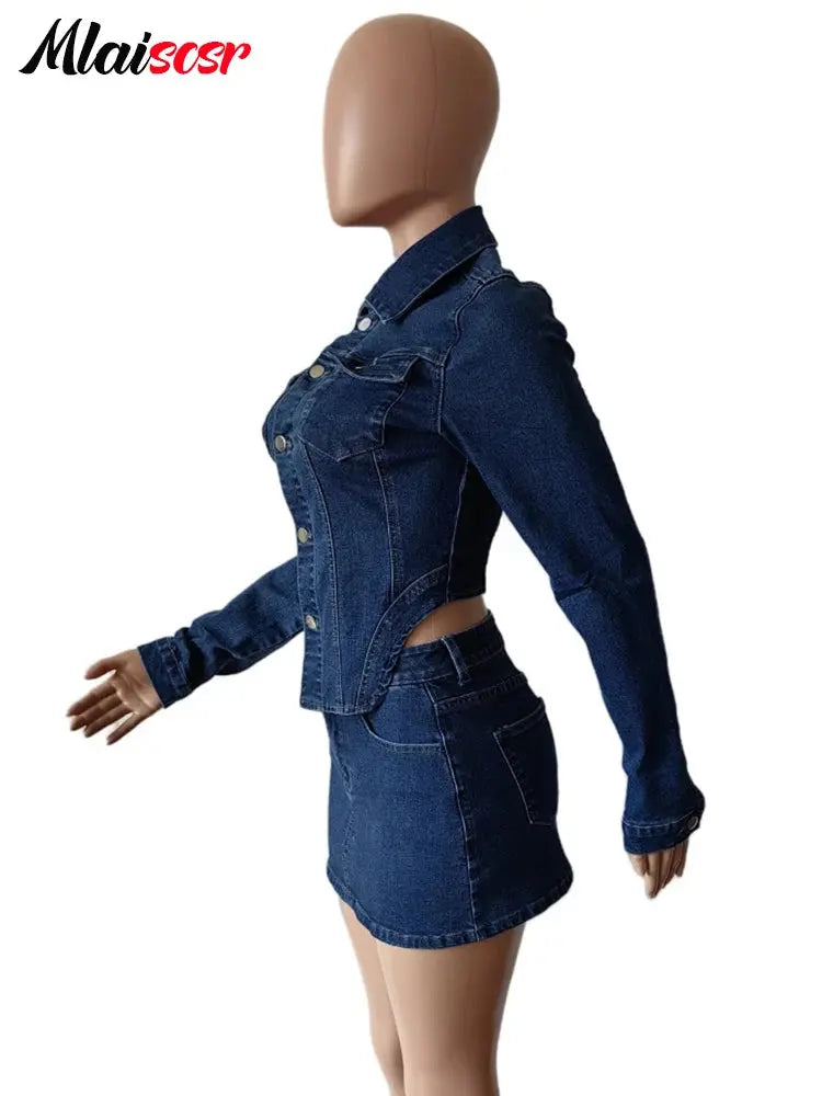 Mlaiscsr Denim Stretch Dress Outfits Women Long Sleeve Crop Jackets and Mini Skirt Two 2 Piece Sets Sexy Jean Birthday Clubwear FZwear