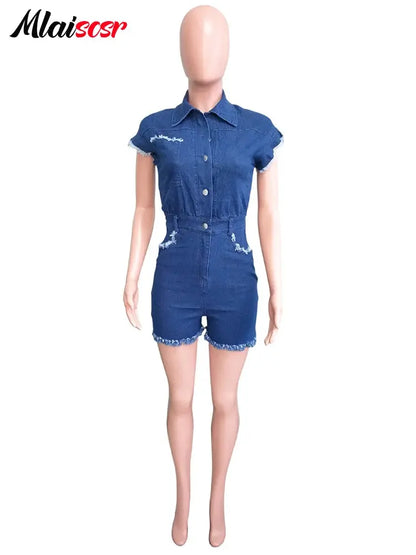 Mlaiscsr Elastic Blue Jeans One Piece Overalls Women Short Sleeve Turn-down Collar Stretch Denim Short Jumpsuit Romper Playsuits FZwear