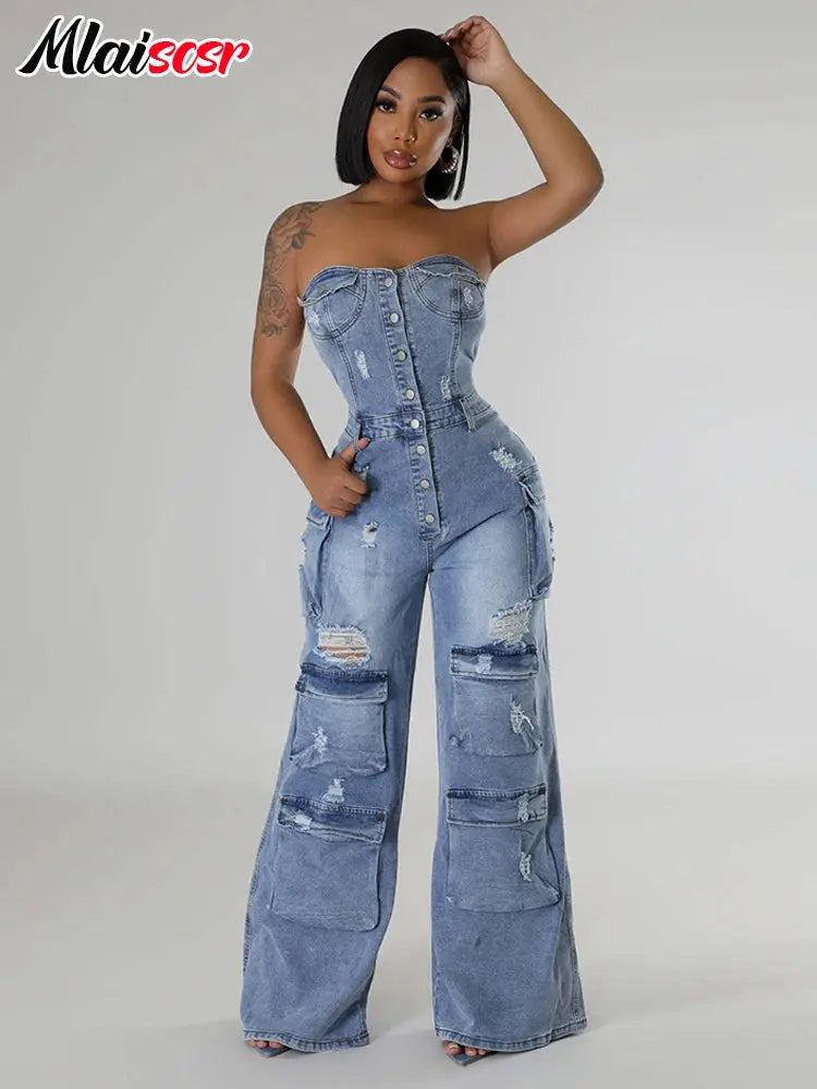 Mlaiscsr Multi Pockets Ripped Stretch Denim Cargo Pants Blue Wide Legs Jumpsuits Women Sleeveless Off Shoulder Rompsers Overalls FZwear