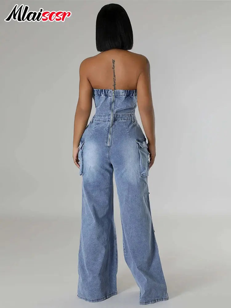 Mlaiscsr Multi Pockets Ripped Stretch Denim Cargo Pants Blue Wide Legs Jumpsuits Women Sleeveless Off Shoulder Rompsers Overalls FZwear