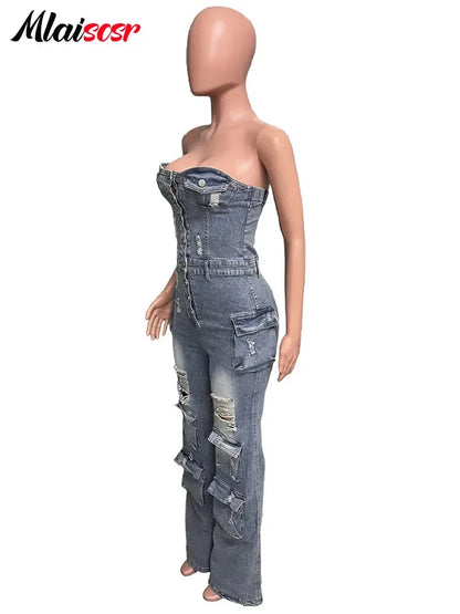 Mlaiscsr Multi Pockets Ripped Stretch Denim Cargo Pants Blue Wide Legs Jumpsuits Women Sleeveless Off Shoulder Rompsers Overalls FZwear