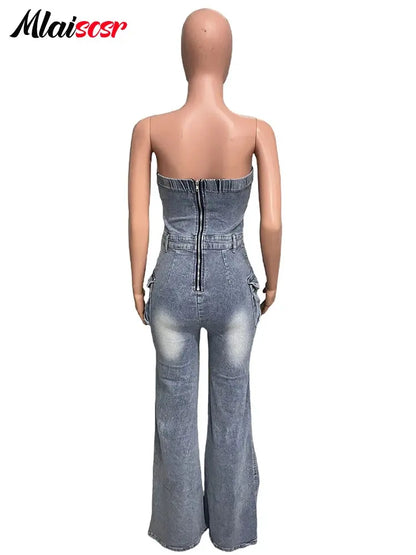 Mlaiscsr Multi Pockets Ripped Stretch Denim Cargo Pants Blue Wide Legs Jumpsuits Women Sleeveless Off Shoulder Rompsers Overalls FZwear