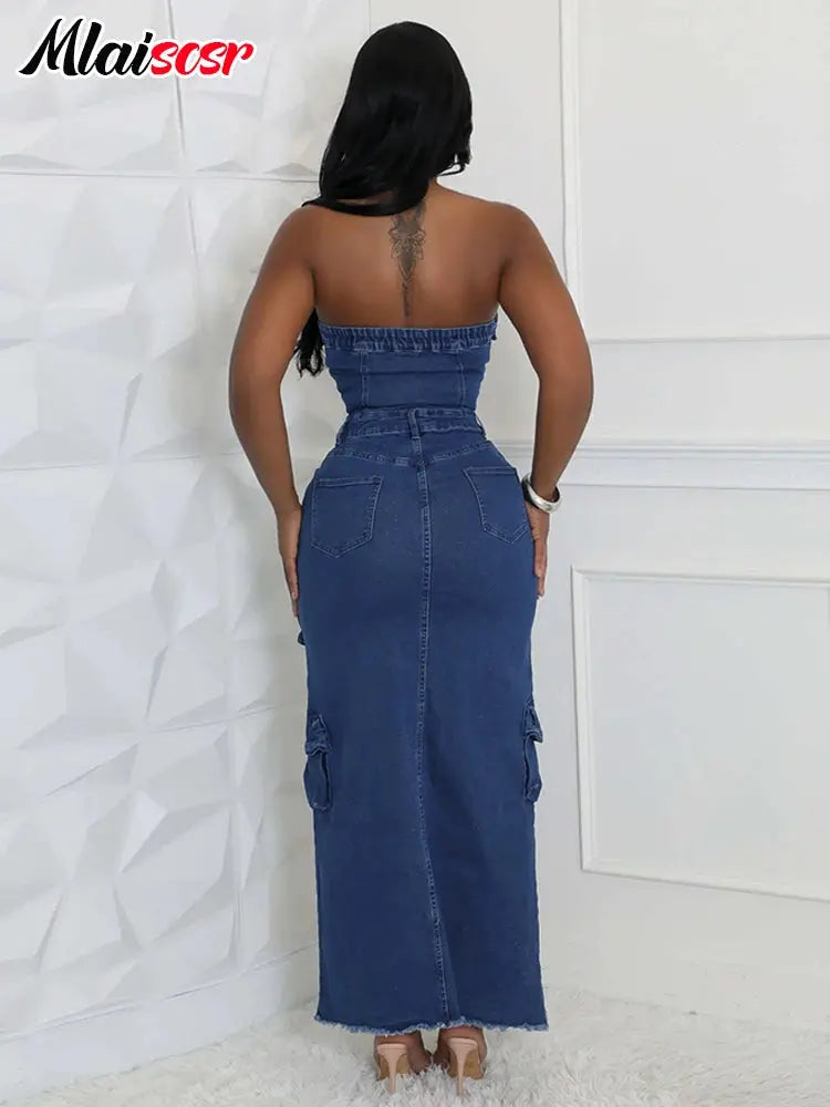 Mlaiscsr Off Shoulder Button 3D Pocket Blue Denim Dress Women Strapless Sleeveless High Spliced Jean Cargo Dresses Birthday Club FZwear