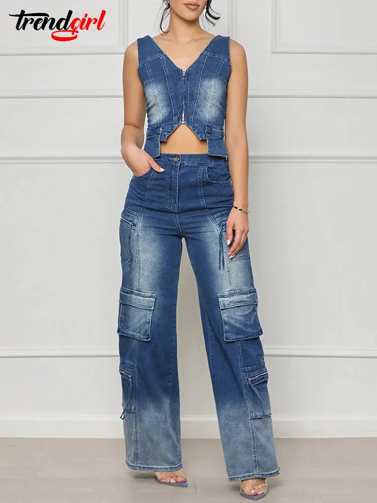 Mlaiscsr Streetwear Denim Wide Leg Pants Two Piece Set Women's Summer Zipper Vest Crop Top and Baggy Jeans Pockets Club Outfits FZwear