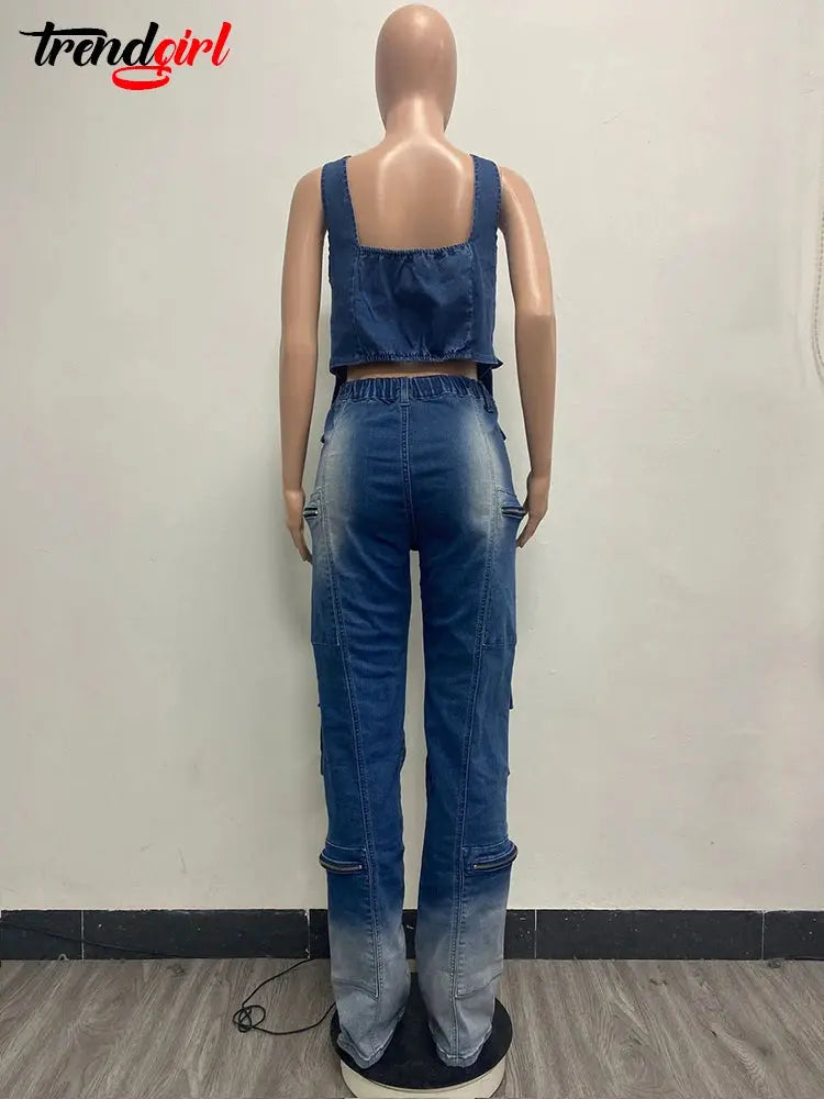 Mlaiscsr Streetwear Denim Wide Leg Pants Two Piece Set Women's Summer Zipper Vest Crop Top and Baggy Jeans Pockets Club Outfits FZwear