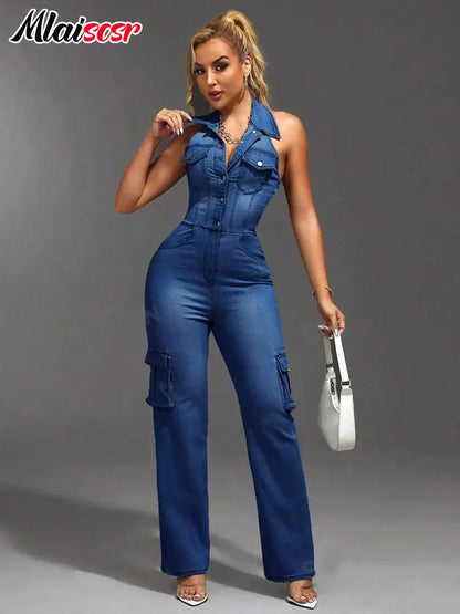 Mlaiscsr Women Clothing Blue Denim One Piece Jumpsuit Halter Backless Sleeveless Straight Jean Overalls Cargo Pants Rompers  New FZwear