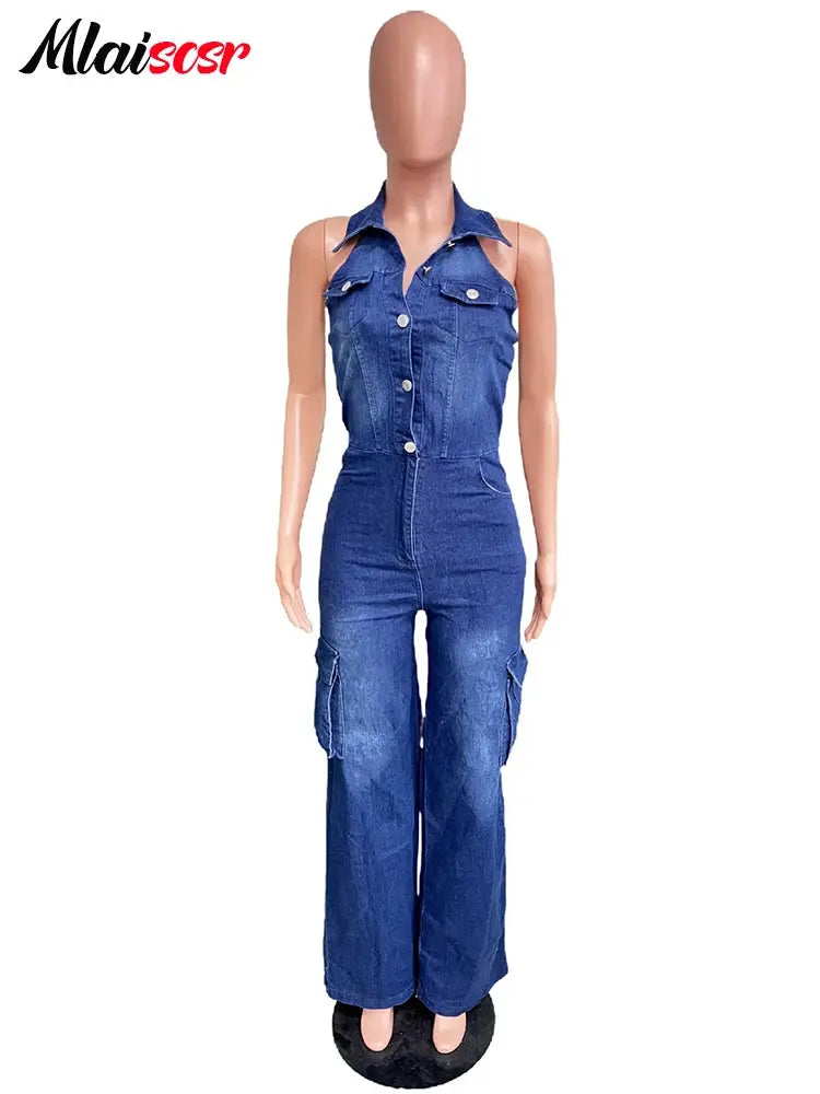 Mlaiscsr Women Clothing Blue Denim One Piece Jumpsuit Halter Backless Sleeveless Straight Jean Overalls Cargo Pants Rompers  New FZwear