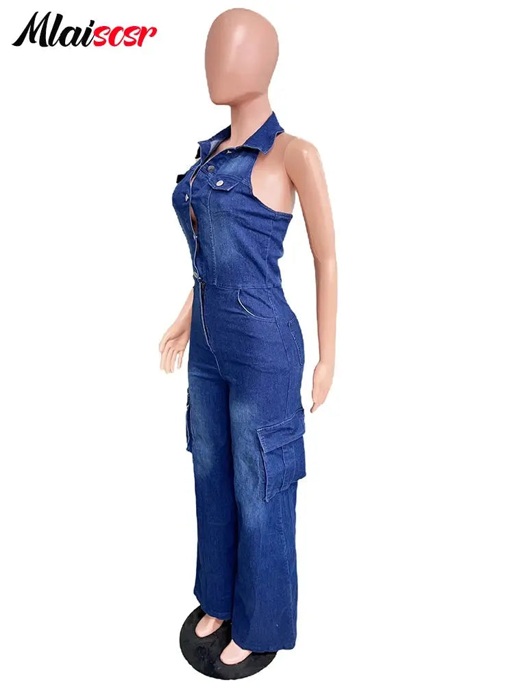 Mlaiscsr Women Clothing Blue Denim One Piece Jumpsuit Halter Backless Sleeveless Straight Jean Overalls Cargo Pants Rompers  New FZwear