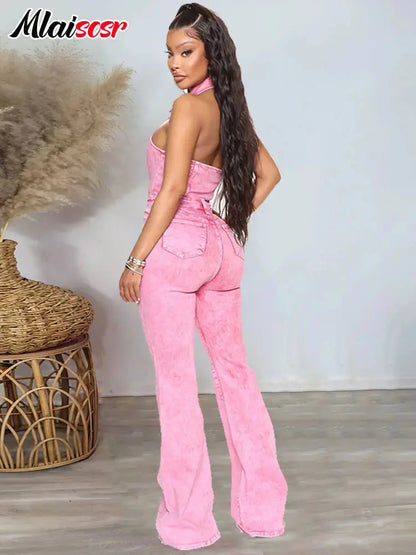 Mlaiscsr Women Pink Stretch Denim Jumpsuit Halter Sleeveless Backless One Pieces Wide Leg Overalls Flare Pants Jeans Rompers New FZwear