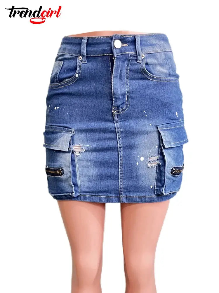 Mlaiscsr Women's Denim Skirt Summer Pocket Design Buckled High Waist Blue Daily Skinny Mini Skirts Y2K Night Club Jean Dress FZwear