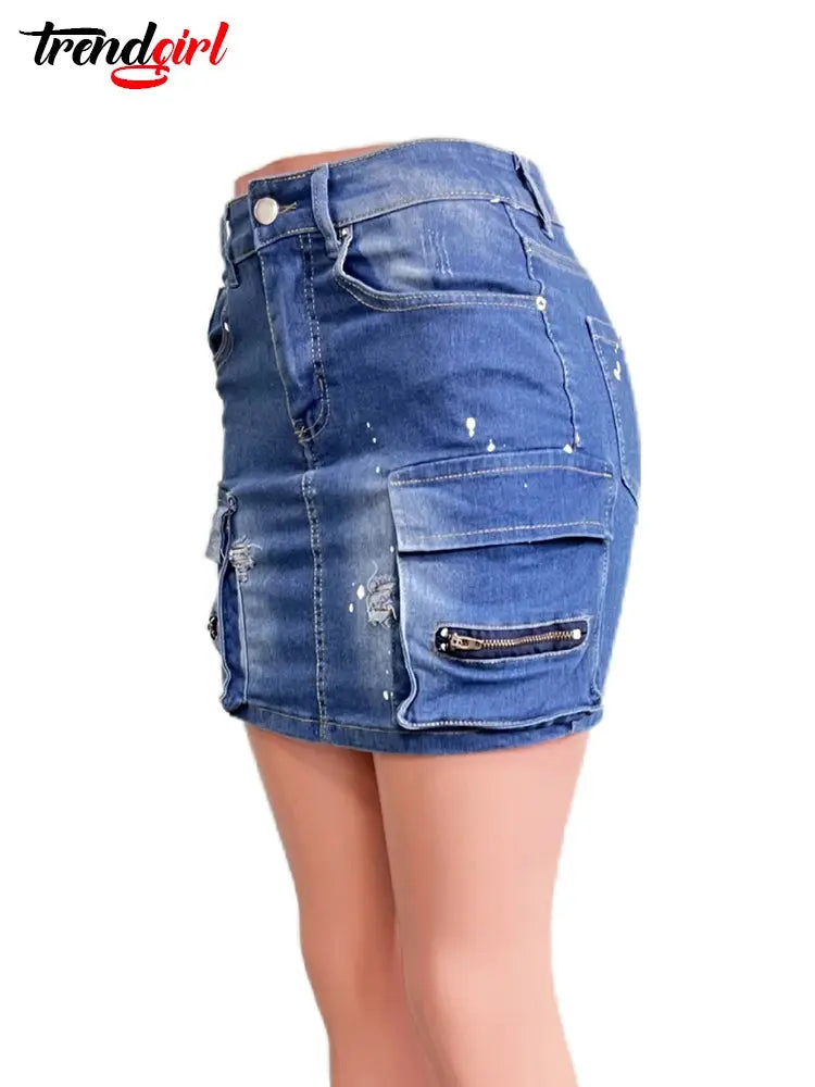 Mlaiscsr Women's Denim Skirt Summer Pocket Design Buckled High Waist Blue Daily Skinny Mini Skirts Y2K Night Club Jean Dress FZwear