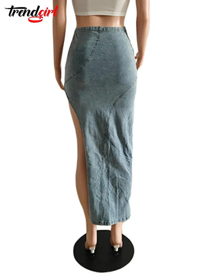 Mlaiscsr Women's Fashion Open Design High Slit Stretch Denim Long Skirt Streetwear Jean Dress Birthday Summer Night Clubwear FZwear