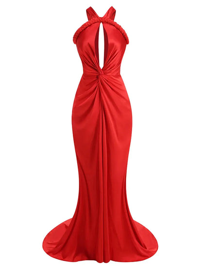 FZ Women's Temperament Hollow out Twisted Pleated Floor Length Evening Dress