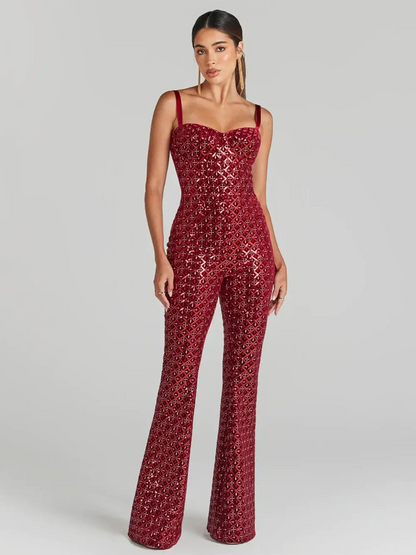 FZ Women's Sparkling Luxury Sequins Sleeveless Spaghetti Strap Jumpsuit