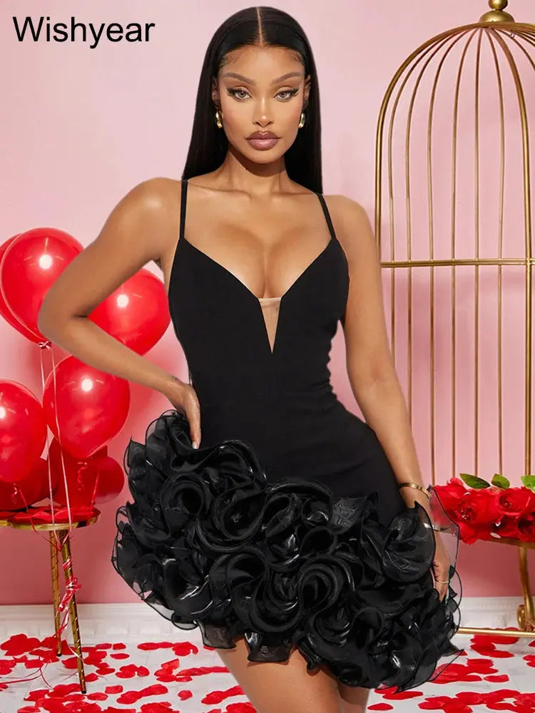 New Ruffle Pleated Black Mini Dress Women Sexy Straps Ruffle Red Vestidos Female Evening Elegant Luxury Birthday Night Prom Robe FZwear