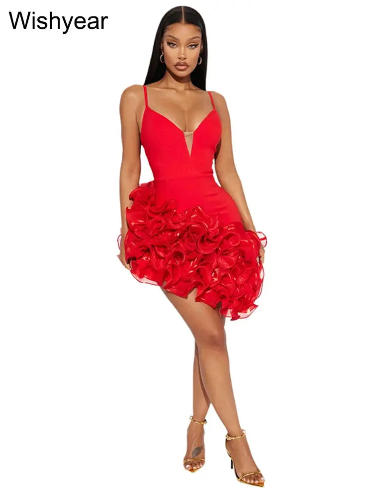 New Ruffle Pleated Black Mini Dress Women Sexy Straps Ruffle Red Vestidos Female Evening Elegant Luxury Birthday Night Prom Robe FZwear