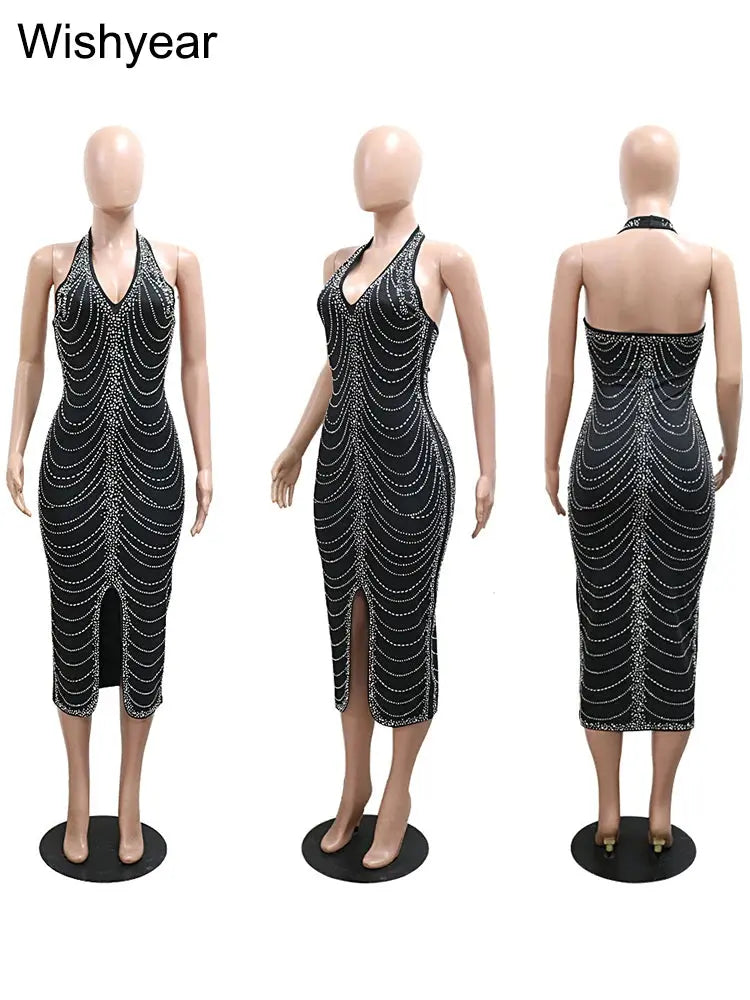 New Sexy Diamonds Halter Black Party Bodycon Midi Dress Women Sleeveless Backless Front Split Birthday Night Prom Club Vestidos FZwear