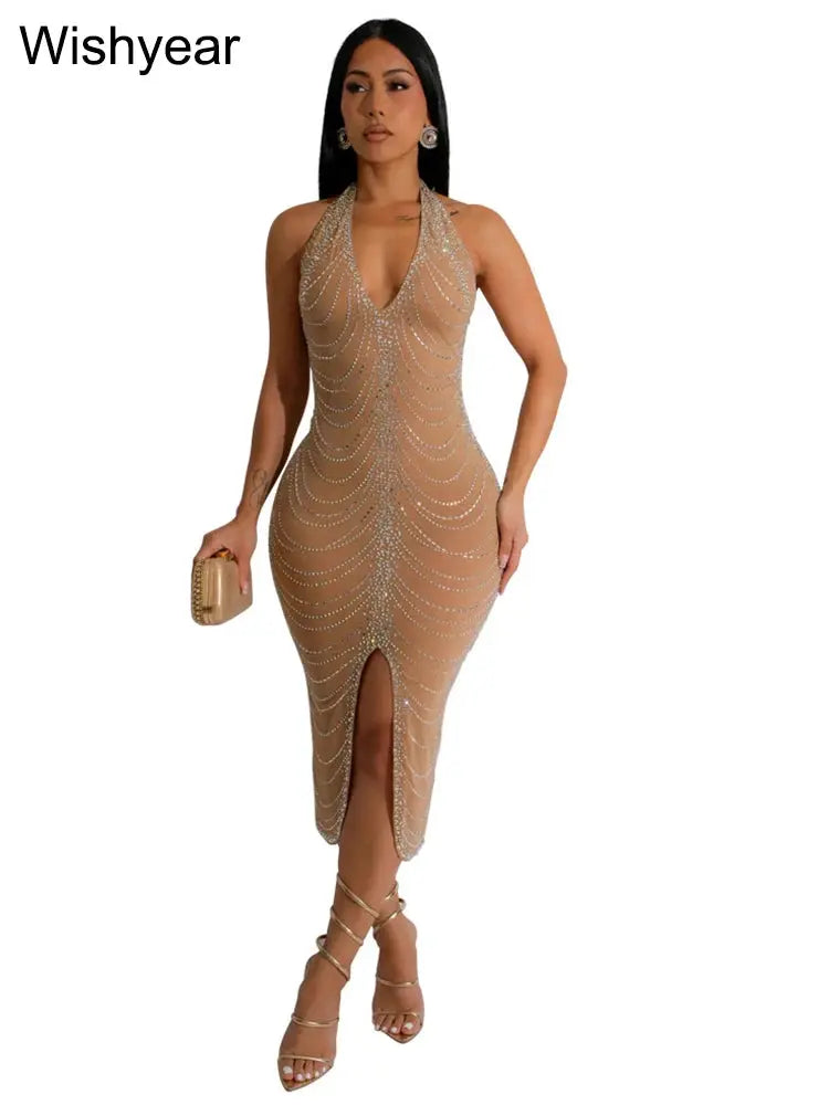New Sexy Diamonds Halter Black Party Bodycon Midi Dress Women Sleeveless Backless Front Split Birthday Night Prom Club Vestidos FZwear