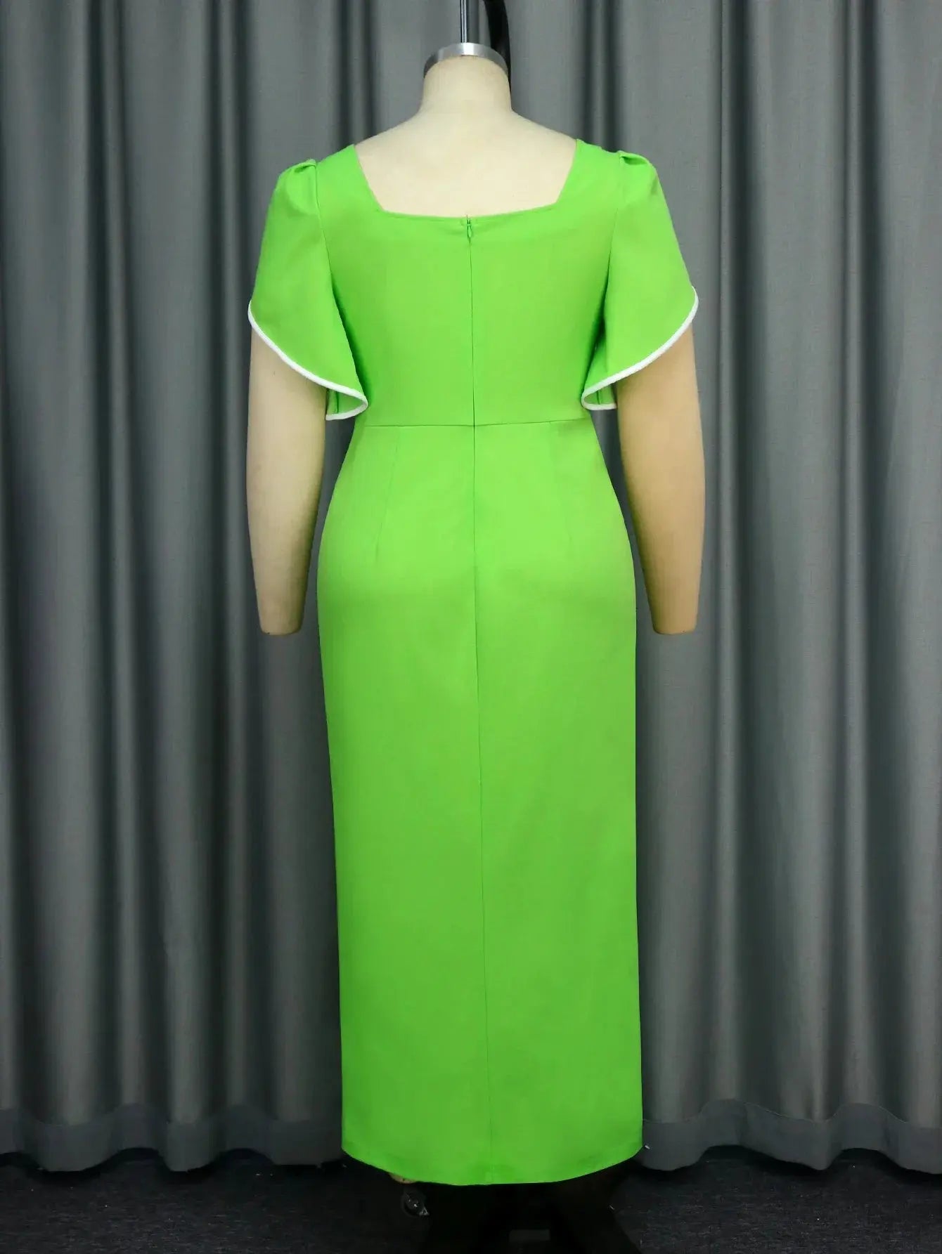 New Sexy Square Neck Short Sleeved Green Pleated Slit Long Elegant Dress for Women's Fashion Party Slimming Maxi Evening Dresses FZwear