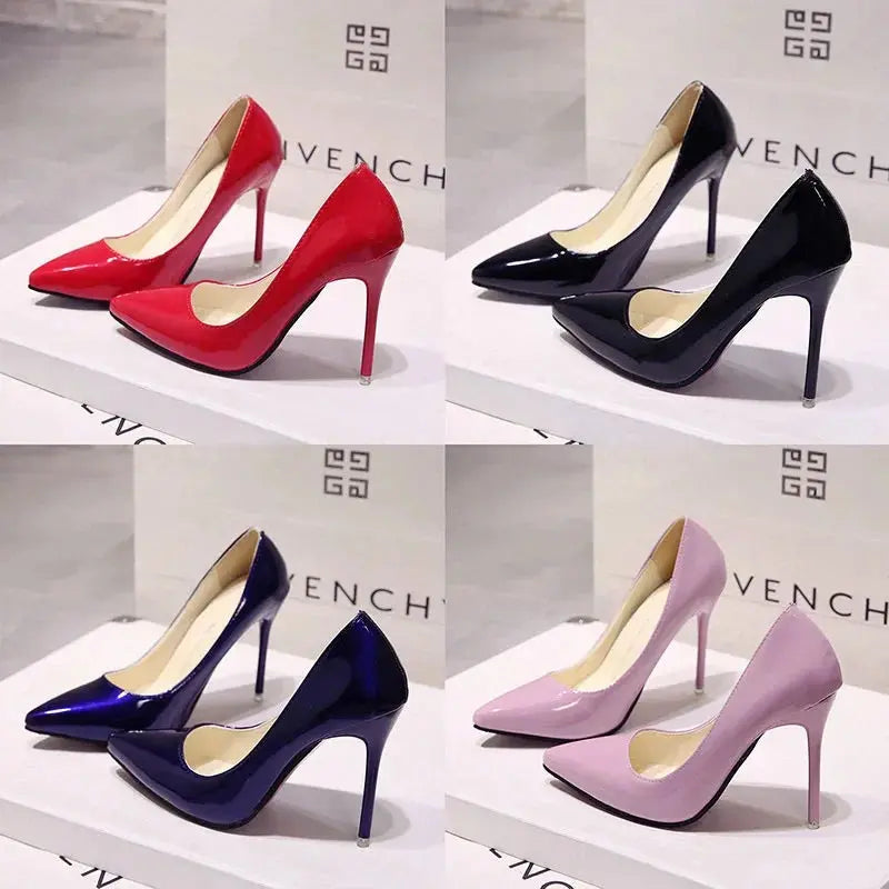 New Solid Color Pumps Women High Heel Shoes Female Fashion Patent Leather Sexy Pointed Toe Thin Heel Wedding Shoes Size 44 FZwear