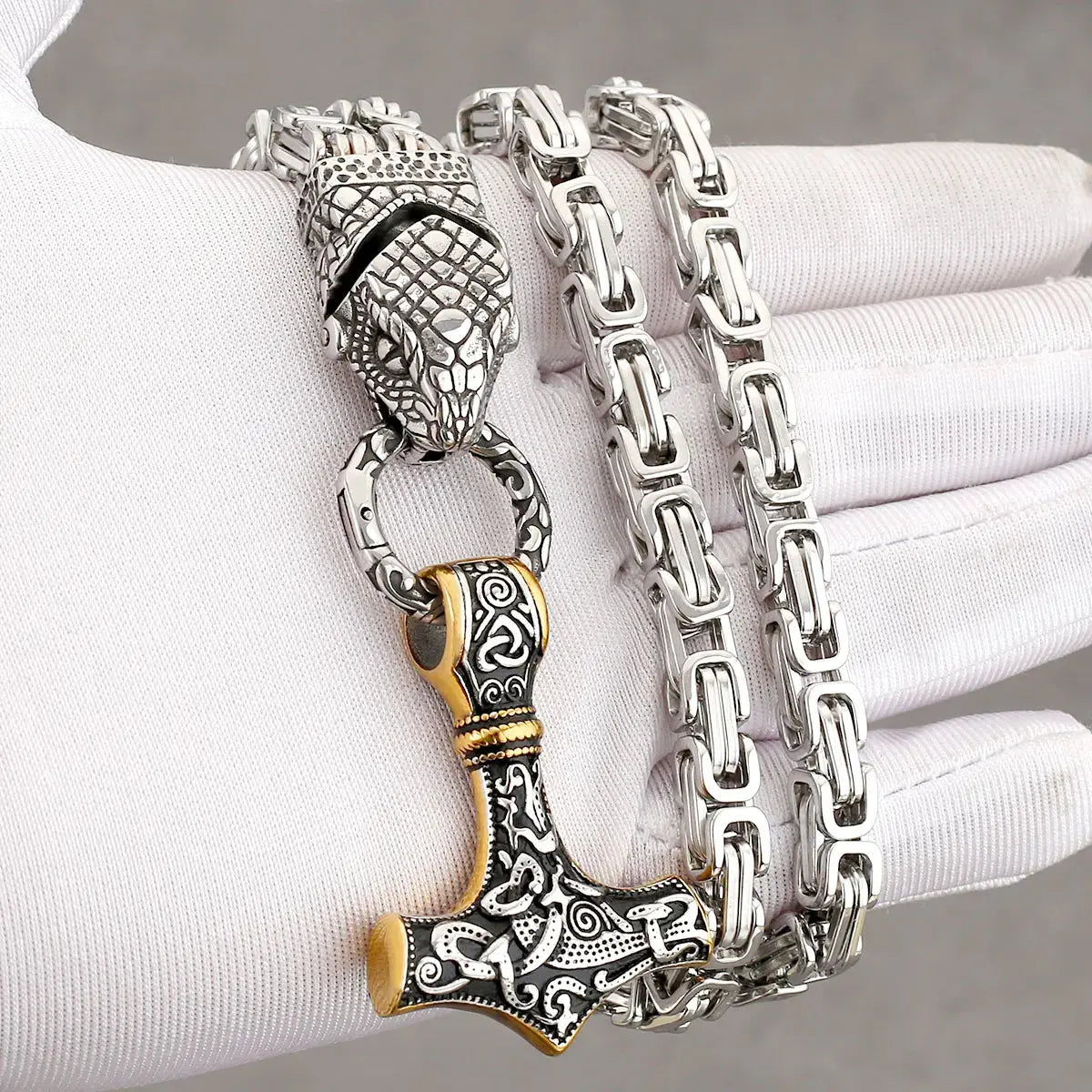 Nordic Odin Snake Head Necklace Fashion Men Thor's Hammer Stainless Steel Pendant Vintage Charm Accessories Jewelry Wholesale FZwear