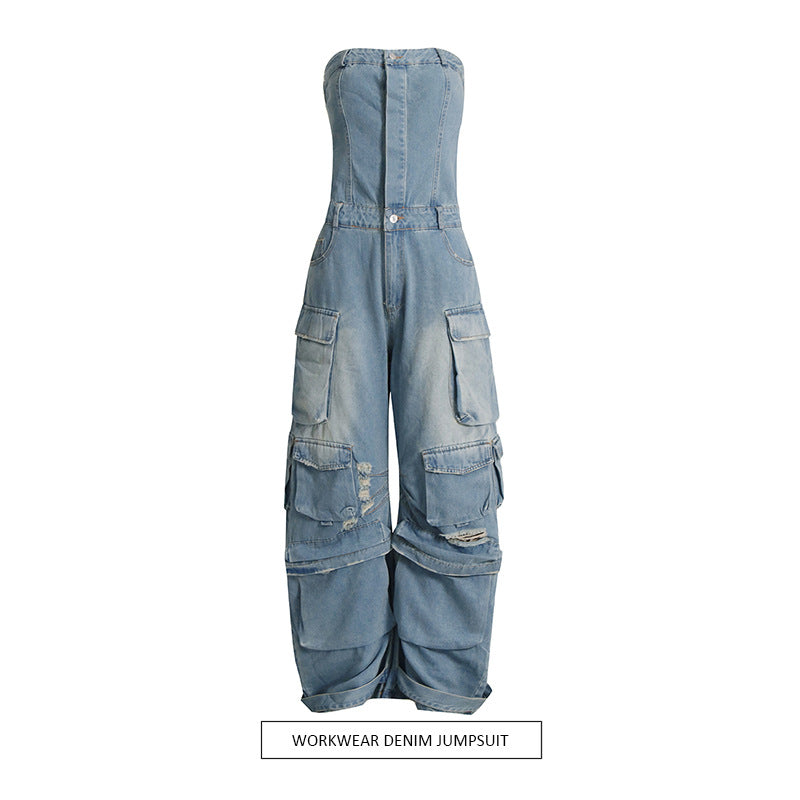 FZ Women's Multi Pocket Ripped Tube top Denim Jumpsuit - FZwear