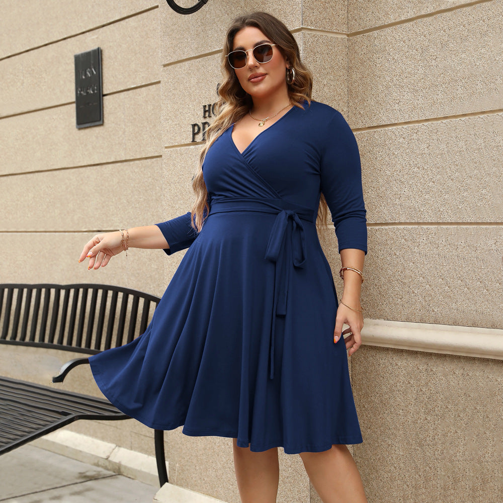 FZ Women's Plus Size V Neck Flounce High Waist A line Dress Yido