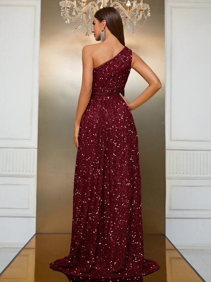 FZ Women's Elegant Sequined Oblique Shoulder High End Slit Evening Dress - FZwear
