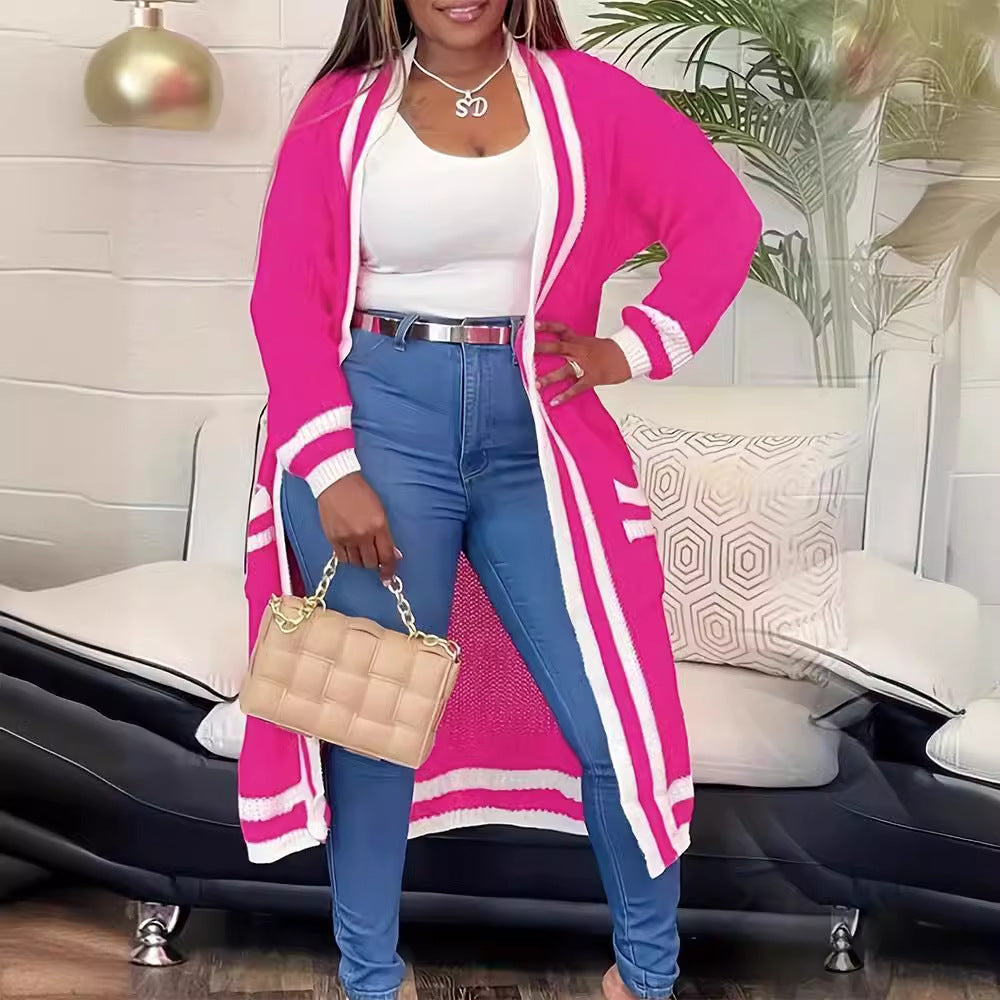 FZ Women's Plus Size Casual Contrast Color Striped Mid Length Knitted Sweater