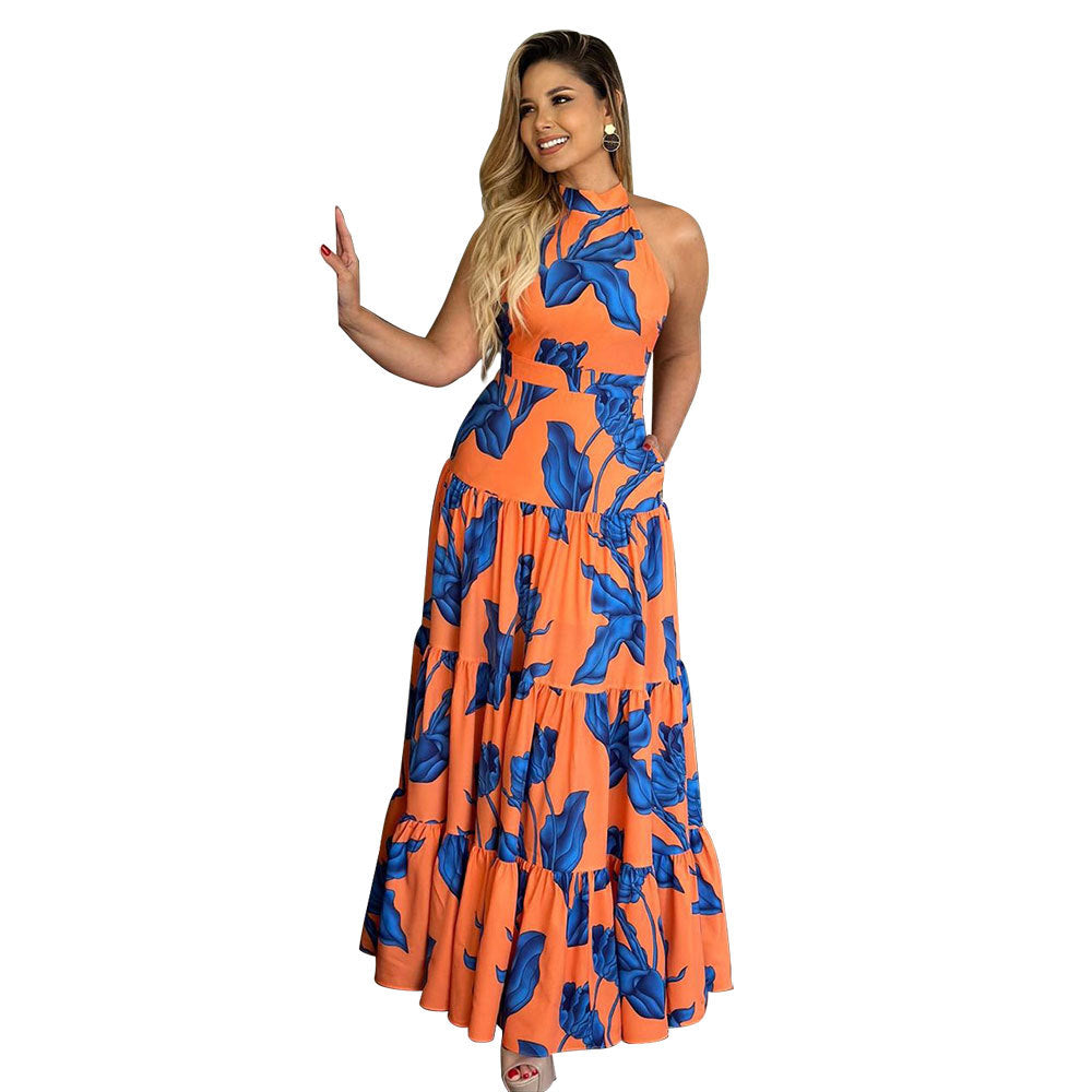 FZ Women's Printed Elegant Halter Large Swing Sun Dress - FZwear